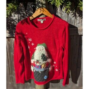 David‎ Brooks Christmas Sweater Womens M Rudolph Red Santa Charms Vtg